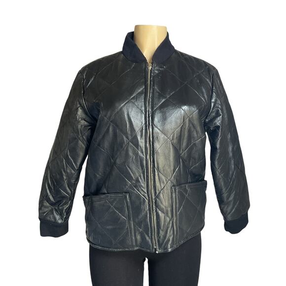 Vintage Black Apache Leather Quilted Bomber Jacket  Italy Design Genuine 2XL - Picture 1 of 11